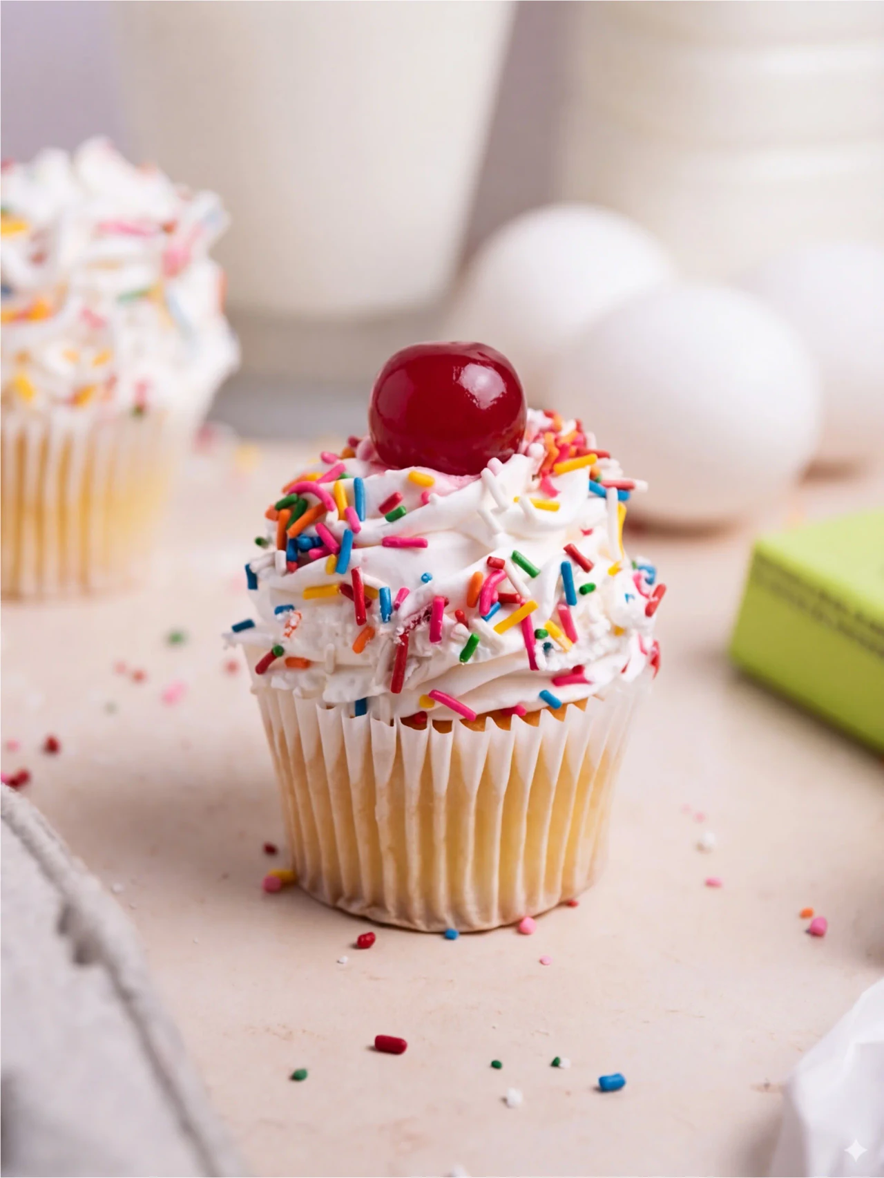 Cupcake con betún blanco, chispas de colores y cereza al centro